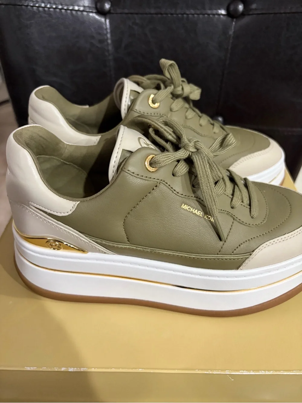 MICHAEL Michael Kors Hayes Lace Up Leather Platform Sneakers Green Beige White